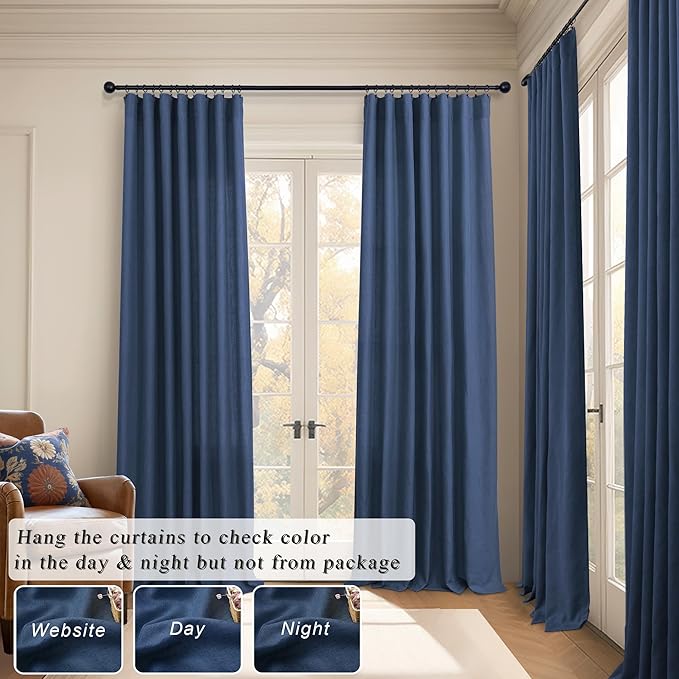 Navy Curtains 96 Inches Long for Kids Room 2 Panel Back Tab Pocket Drape Soft Cotton Textured Light Filtering Semi Privacy Sheer Dark Blue Linen Curtains for Living Room Boys Bedroom 52x96 Inch Length