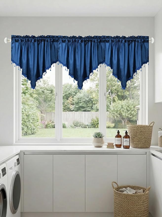 Molaxhome Swag Curtain 51 inch Length Rod Pocket Scalloped Curtain Valance Sheer Lace Panels with Hanging Crystal Beads for Kitchen Bedroom Window Treatments Drape Decor 1pc (Cloth Navy, 51Wx23L)