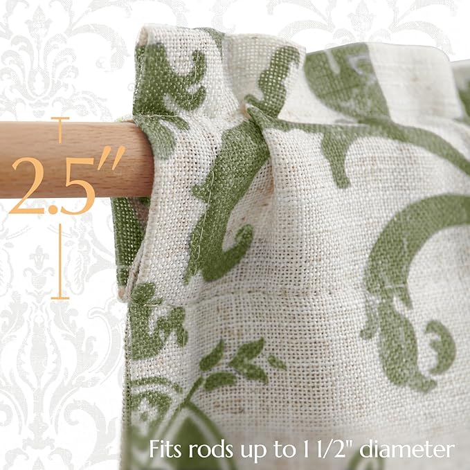 jinchan Linen Valance Curtain for Kitchen Vintage Damask Floral Blackout Valance Double Layer Small Window Curtain for Living Room Bedroom Bathroom 18 Inch Rod Pocket 1 Panel Sage Green on Beige