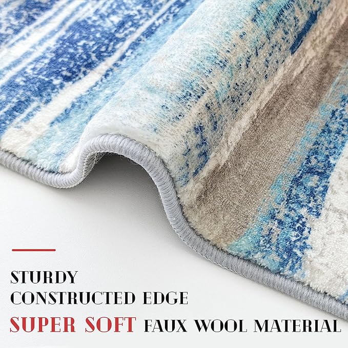 Lansny Modern Abstract Runner Rug 3x8, Blue Washable Kitchen Runner Non-Slip Soft Hallway Rug Runner Thin Print Faux Wool Carpet for Entryway Bedroom Laundry Room Indoor Home Office Decor