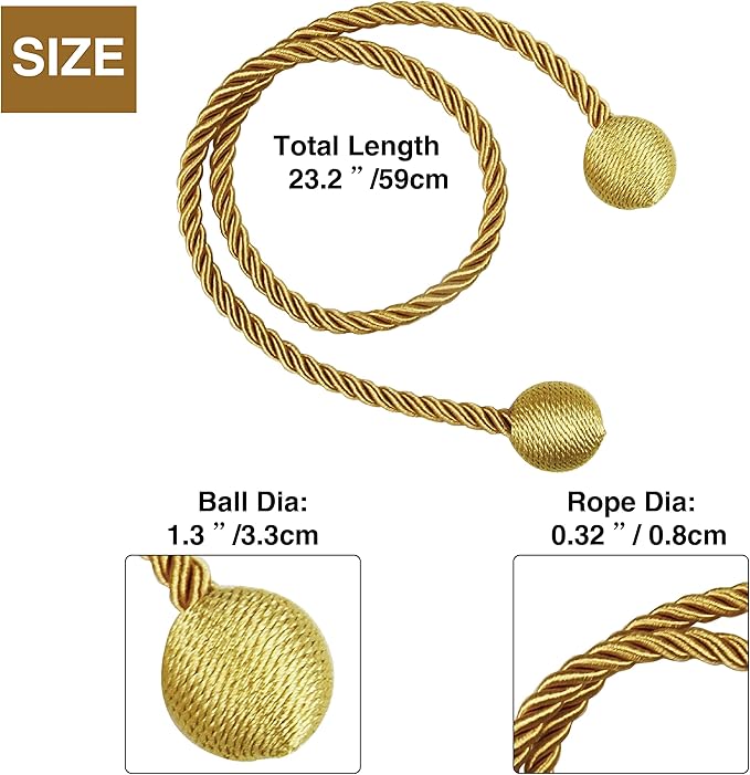 Curtain Tiebacks Outdoor Elegant Decorative Tie Backs Modern Rope Tiebacks for Drapes Window Curtain Holdbacks for Draperies (Gold, 4)