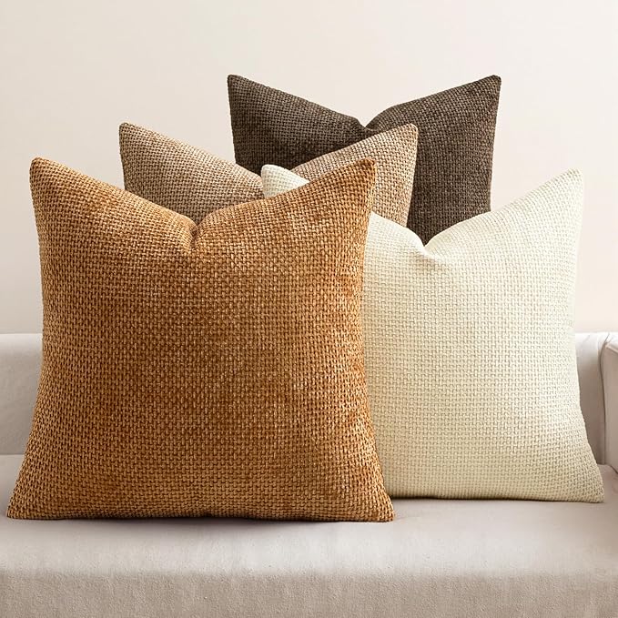 MIULEE Pack of 4 Brown Couch Throw Pillow Covers 20x20 Inch Soft Decorative Chenille Pillows Farmhouse Accent Cushions for Boho Home Decor Spring Sofa Bedroom Living Room