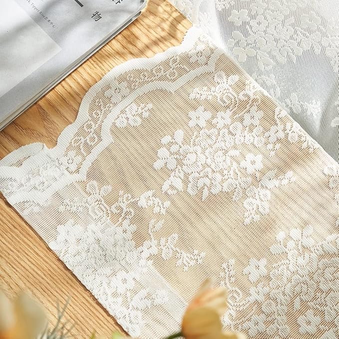 YJ YANJUN Vintage Lace Curtains Ivory Floral 105 inch Curtains 2 Panels for Living Room Rod Pocket Floor to Ceiling Drapes for Patio Sliding Glass Door Custom Scalloped Edges 52" W x 105" L Cream