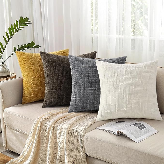 decorUhome Summer Mustard Yellow Chenille Throw Pillow Covers 18x18 Set of 2 Textured Soft Cozy Slubby Couch Pillow Covers Modern Farmhouse Boho Decorative Pillow Cases for Bed Sofa Living Room