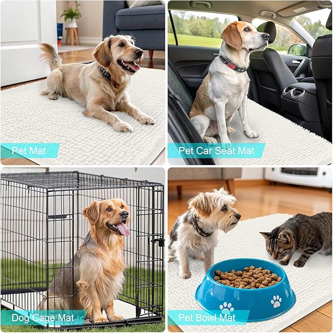 OLANLY Dog Door Mat for Muddy Paws 59x35, Absorbs Moisture and Dirt, Absorbent Non-Slip Washable Doormat, Quick Dry Chenille Mud Mat for Dogs, Entry Indoor Entryway Carpet for Inside Floor, Ivory