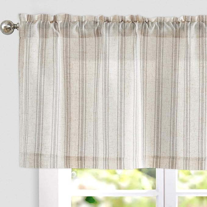 jinchan Striped Valance Farmhouse Window Treatment Linen Textured Drapes for Small Windows Kitchen Living Room RV Vintage Light Filtering Valance 16 Inch Rod Pocket 1 Panel Taupe Grey on Linen