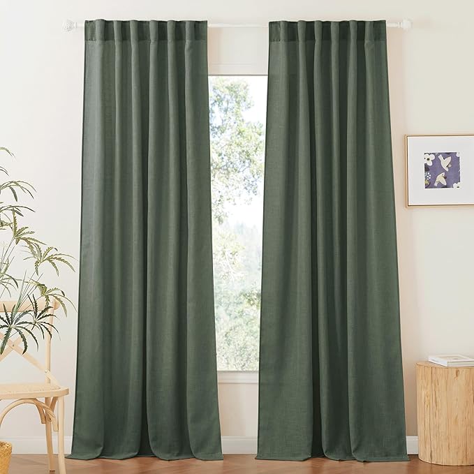 RYB HOME Olive Green Linen Sheer Curtains 84 inches, 2 Panels Rod Pocket Living Room Gauze Curtains Semi Sheer Light Filtering Drapes for Farmhouse Bedroom Office, W 52 x L 84