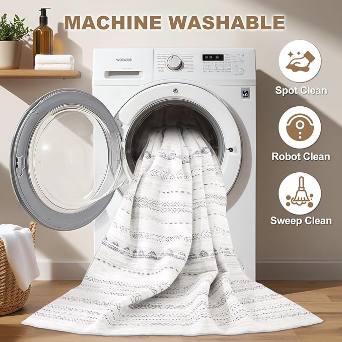 Nakagishi Area Rug Living Room Rugs: 4x6 Soft Machine Washable Boho Neutral Farmhouse Stain Resistant Moroccan Indoor Floor Carpet for Bedroom Nursery Kids Entryway Kitchen Entry Bedside Home- Gray