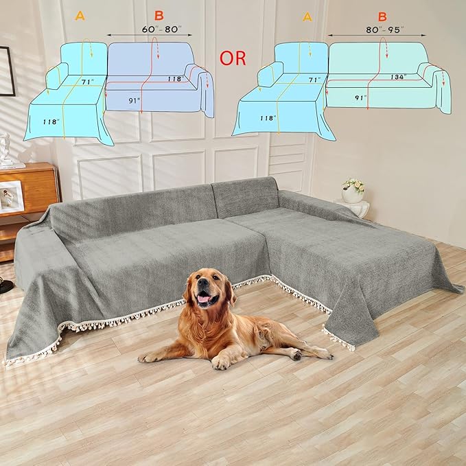 HANDONTIME Couch Slipcovers for Sofas Dark Grey Couches Cover Sofa Cover for Dogs Boho Pet Couch Protector with Tassel Sectional Throw Cover Chenille Herringbone Sofa Cover for 2 3 Seat, 91" X118"