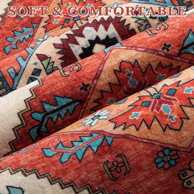 SERISSA 2x4 Boho Rugs for Entryway, Washable Non-Slip Kitchen Runner Rug, Ultra Soft Small Area Rug Vintage Orange Low-Pile Door Mat Indoor Entrance Carpet for Bedroom Hallway Laundry Room Bathroom