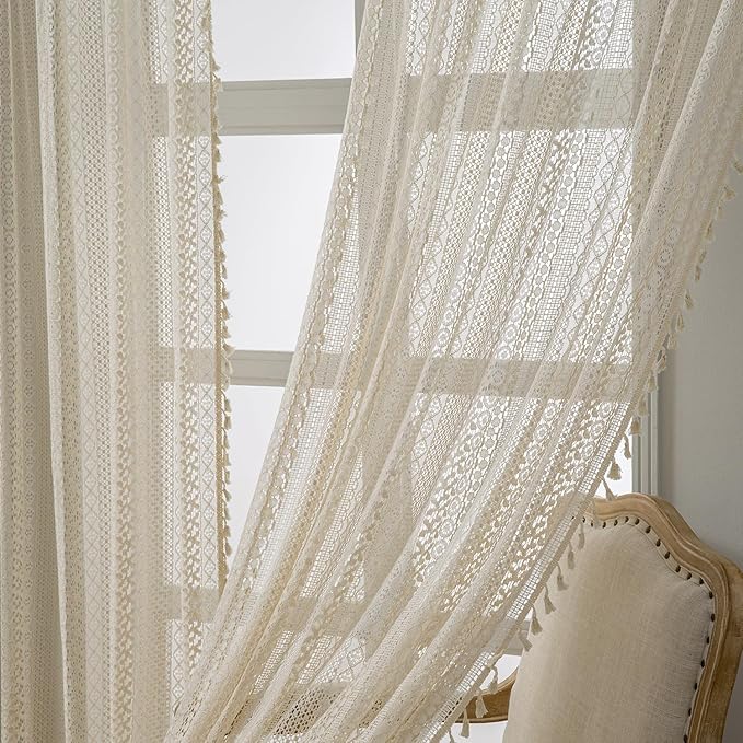 WAZZIO Boho Lace Curtains 63 Inches 2 Panel,Light Filtering Privacy Tassel & Geometry Crochet Semi Sheer Curtain Drapes for Bedroom Living Dining Room,Rod Pocket & Tassel,Vintage French Country,Beige