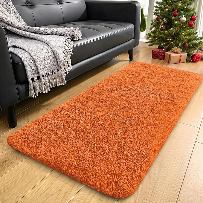 OLANLY 2x5 Machine Washable Runner Rugs for Hallway, Soft Fluffy Shaggy Bedside Rugs for Bedroom, Living Room, Indoor Floor Carpet for Kids Girls and Boys, Nursery Rooms, Home Decor Aesthetic, Orange