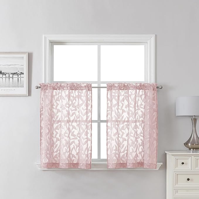 Lecloud Leia 24 Inch Valance Pink Sheer Curtains Tiers for Kitchen 2 Pieces, Clip Textured Leaf Voile Blush Curtain Valances for Windows, Dual Rod Pocket Living Room Bedroom Short Drapes, 38x24 Inches