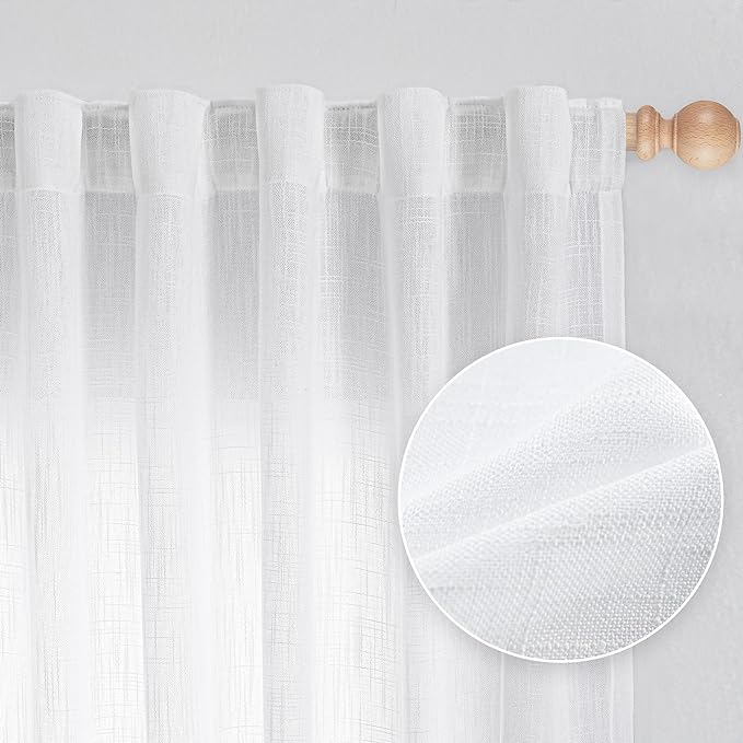 MYSKY HOME Floor to Ceiling Curtains 120 Inches White Sheer Window Drapes 2 Panel Sets Back Tab Draperies Linen Look Boho Fabric, Soft Cotton Blend Light Filtering for Living Room