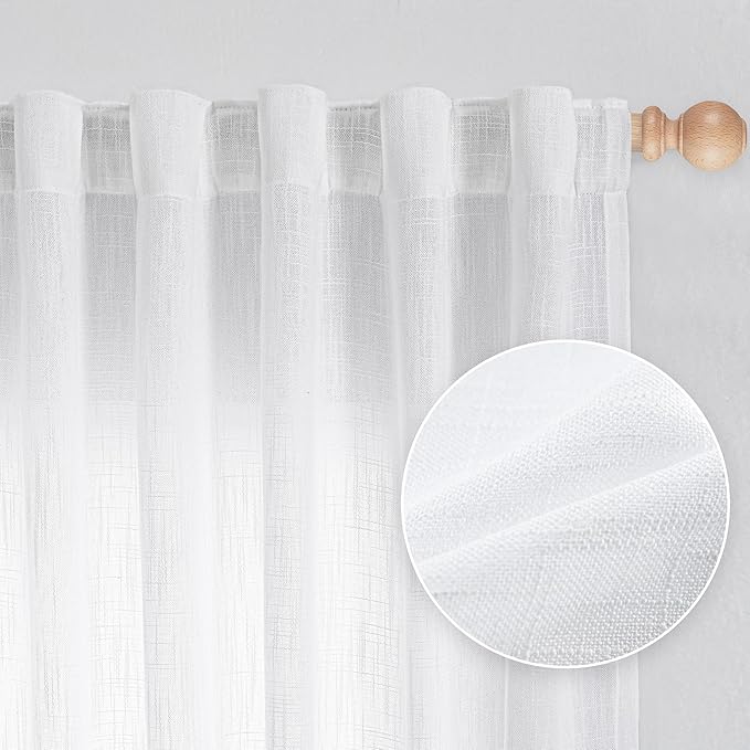 MYSKY HOME Short Curtains for Small Kitchen Windows 45 inches Length, Linen Look Curtain Drapes Cotton Polyester Blend, Soft Fabric Light Filtering Privacy Protect, 50 x 45 inches, White, 2 PCs
