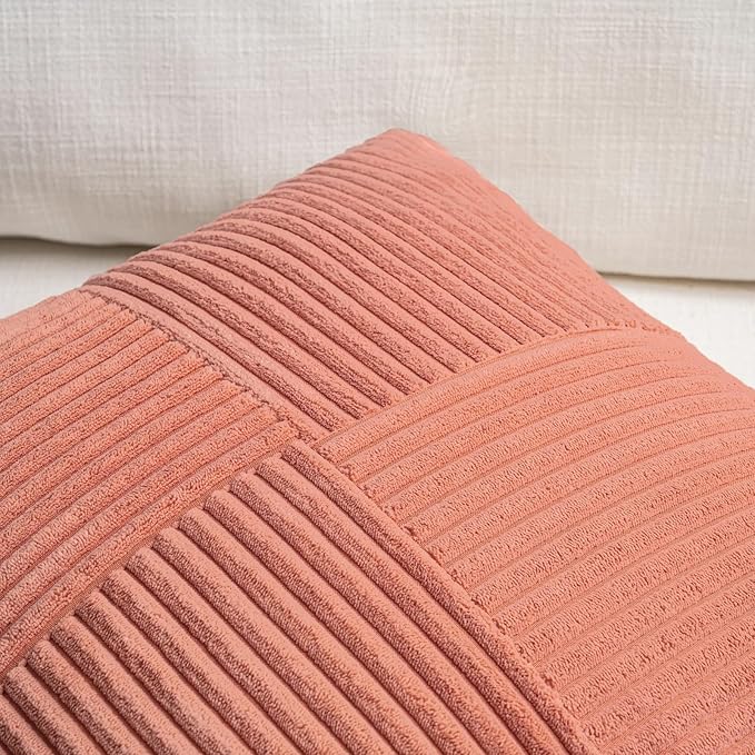 Fancy Homi 2 Packs Coral Lumbar Decorative Throw Pillow Covers 16x32 Inch for Living Room Couch, Rustic Farmhouse Boho Home Decor, Soft Striped Corduroy Rectangle Accent Peach Cushion Case 40x80 cm
