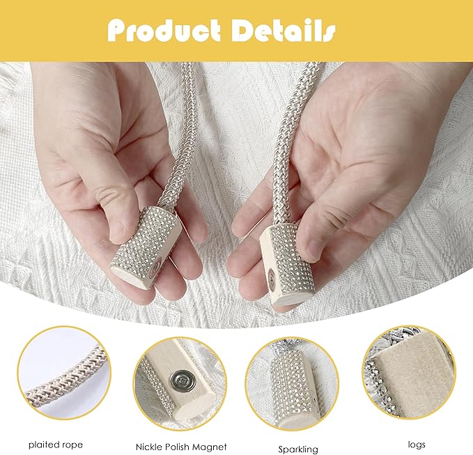 SRG Handmade Magnetic Curtain Tiebacks 2 Pack Sparkling Glass Wrapped Wooden Holdbacks with Strong Magnets, No Drilling Drapery Accessories for Home Decor – Champagne