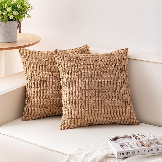 Pack of 2 Corduroy Decorative Throw Pillow Covers 26x26 InchSoft Striped Pillow Covers Modern Farmhouse Home Decor for Sofa Living Room Couch Bed（Coffee）