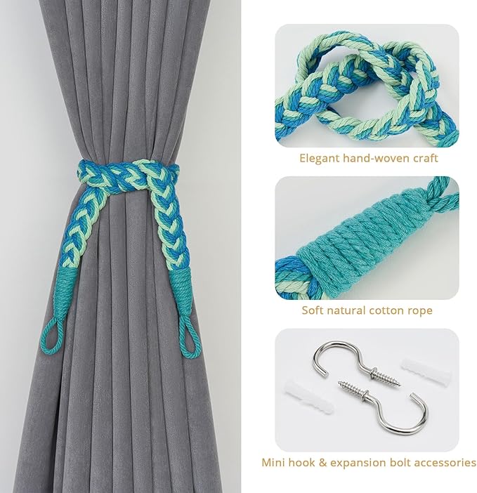 NICEEC 2 Pack Natural Cotton Rope Curtain Tiebacks Elegant Boho Style Decorative Drape Tie Backs Soft Hand-Woven Rope Curtain Holdbacks with Metal Hook for Home & Office Drapery (Gradient Blue)