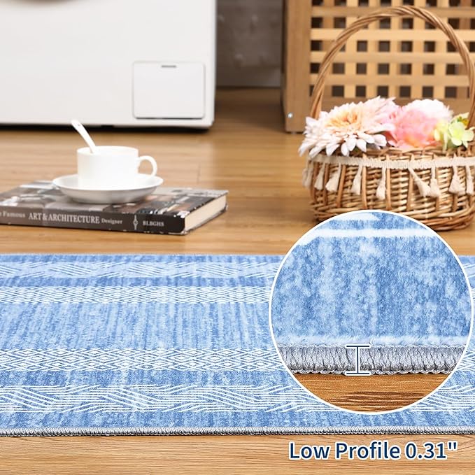 GarveeHome 2.5x8 Modern Bordered Runner Rug Soft Non Slip Washable Floor Carpet Distressed Geometric Hallway Indoor Printed Rug for Kitchen Entrance, Light Blue