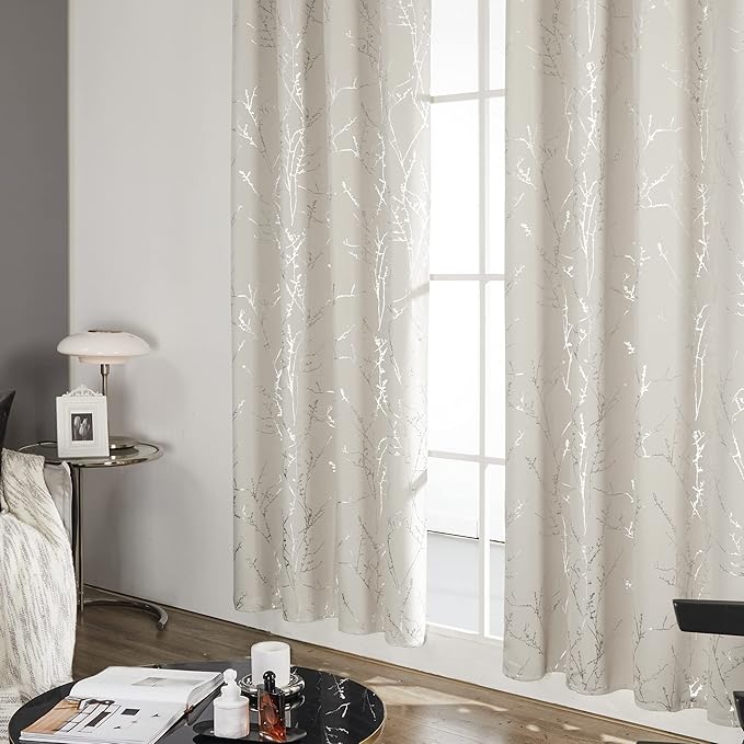 Deconovo Beige Blackout Curtains, Boho Farmhouse Curtain, Thermal Insulated Soundproof Drapes, Silver Branch Print, 52 x 63 Inch Long, Machine Washable Window Panels for Living Room Bedroom, Set of 2