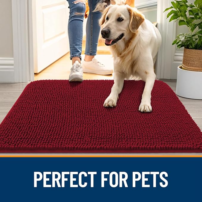 OLANLY Dog Door Mat for Muddy Paws 40x24, Absorbs Moisture and Dirt, Absorbent Non-Slip Washable Doormat, Quick Dry Chenille Mud Mat for Dogs, Entry Indoor Entryway Carpet for Inside Floor, Red