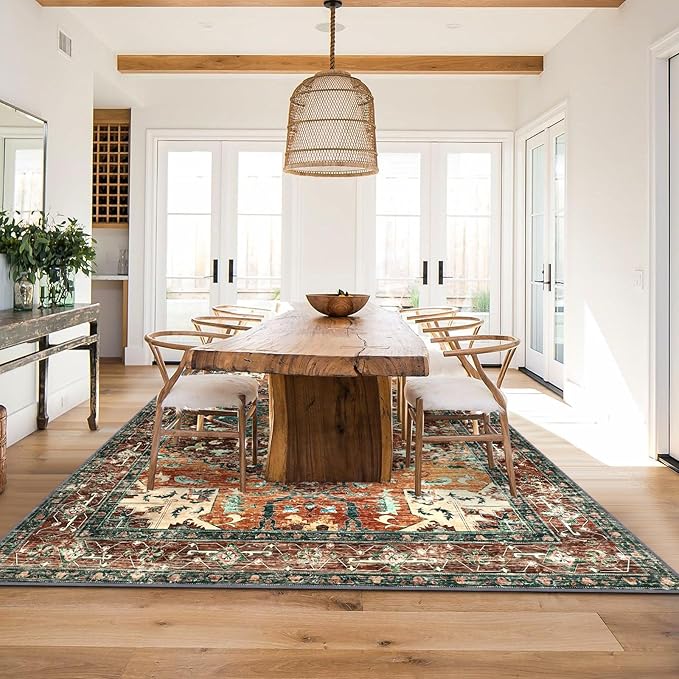 Yamaziot 6x9 Large Area Rug, Non-Slip Washable Boho Vintage Living Room Rug with Rubber Backing, Low Pile Faux Wool Soft Distressed Rug Floor Carpet for Dinning Room, Bedroom