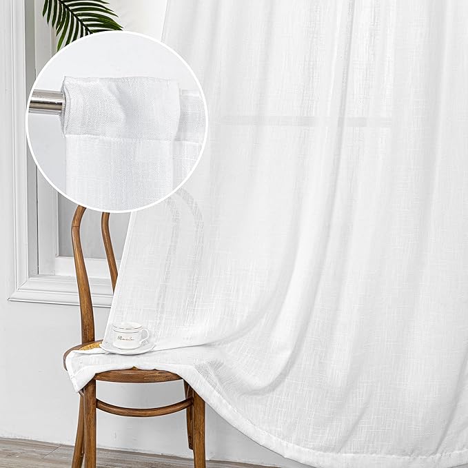 MYSKY HOME Patio White Curtains for Sliding Door, Living Room Curtains & Drapes Soft Cotton Farmhouse Window Treatments 90 inch Length 2 Panels Set Linen Look Semi Sheer Draperies, 50" W x 90" L