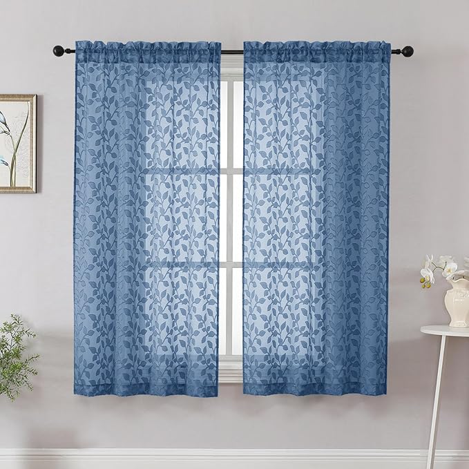 Chyhomenyc Dusty Blue Sheer Curtains 54 Inch Length for Living Room 2 Panels Set, Light Filtering Tufted Textured Soft Airy Rod Pocket Leaf Window Treatment Drapes for Bedroom, 42" Wx54 L, 2PCS