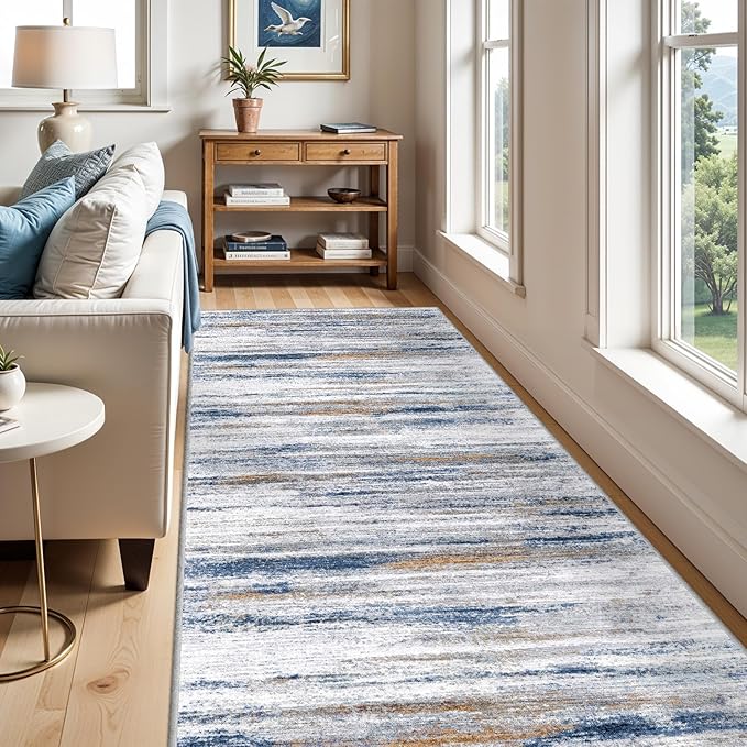 Large Runner Rugs for Hallway 4x16: Non-Slip Washable Wide Carpet - Soft Low-Pile Stain and Spill Resistant Rug for Entryway Living Room Dining Room Balcony Garage Office Navy Grey
