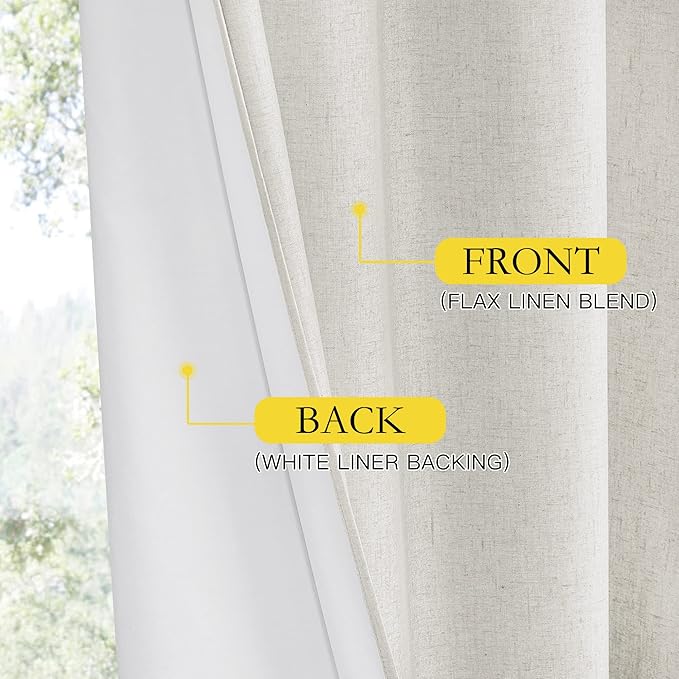 NICETOWN 100% Absolutely Blackout Linen Curtains with Thermal Insulated White Coating, Ivory, W52, 2 Pieces, Noise Reducing Textured Linen Look Curtains for Windows 95 inch Length for Classroom
