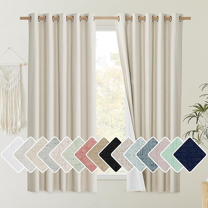 NICETOWN Natural 100% Blackout Short Curtains 63 inches Lenghth Burg for Kitchen, 2 Panels, Burlap Linen Drapes with Thermal Insulated White Liner, Keeping Out Cold Air and Heat Panels