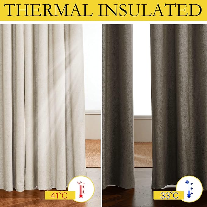 NICETOWN 100% Absolutely Blackout Linen Curtains with Thermal Insulated White Liner, 52" W, 2 PCs, Beige, 90" Long Drapes Sweep The Floor Decorative Keep Privacy Panels for Living Room/Villa/Bedroom