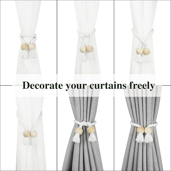 6 Pack Magnetic Curtain Tiebacks Cotton Hand Woven Tie Back Decorative Rope Holdbacks for Curtains Draperies No Tools Required, White