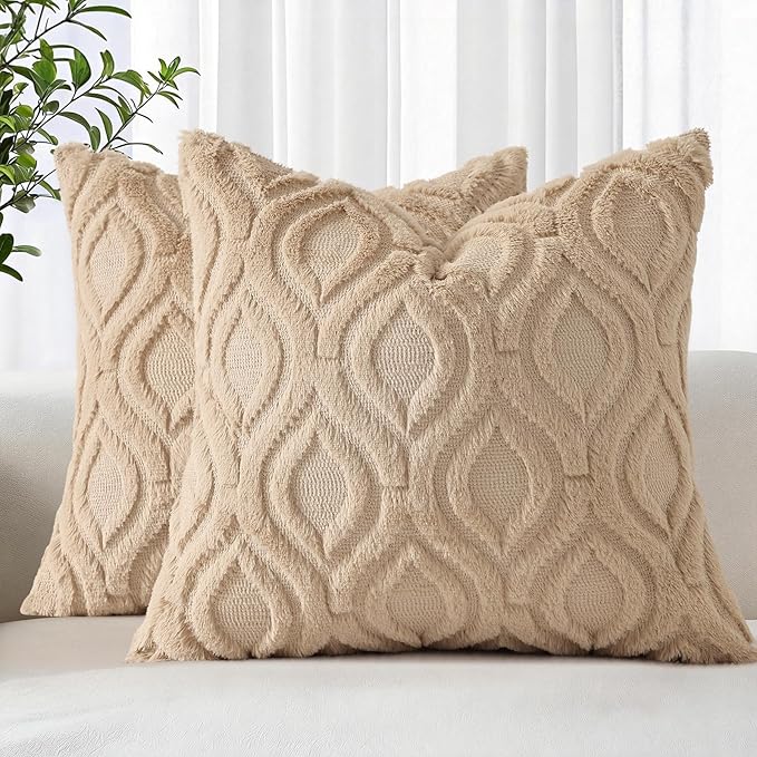 decorUhome Throw Pillow Covers 26x26 Inch Set of 2, Soft Plush Faux Wool Light Khaki Solid Couch Pillow Covers, Accent Euro Sham Farmhouse Neutral Square Pillow Cases for Sofa Bed Living Room