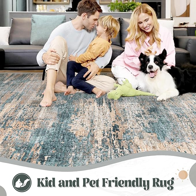 6x9 Area Rugs for Living Room, Washable Modern Abstract Large Area Rug Neutral Soft Non Slip Kids Rug Stain Resistant Indoor Carpet for Bedroom Nursery Dining Room Playroom(GreenBrown, 6'x9')