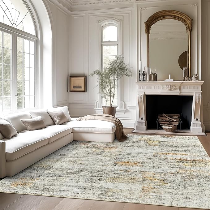 Washable Area Rug 8x10, Large Soft Abstract Rugs for Living Room Vintage 8x10 Area Rugs for Bedroom Dining Room Non-Slip Stain Resistant Under Table Gray Rust Rug