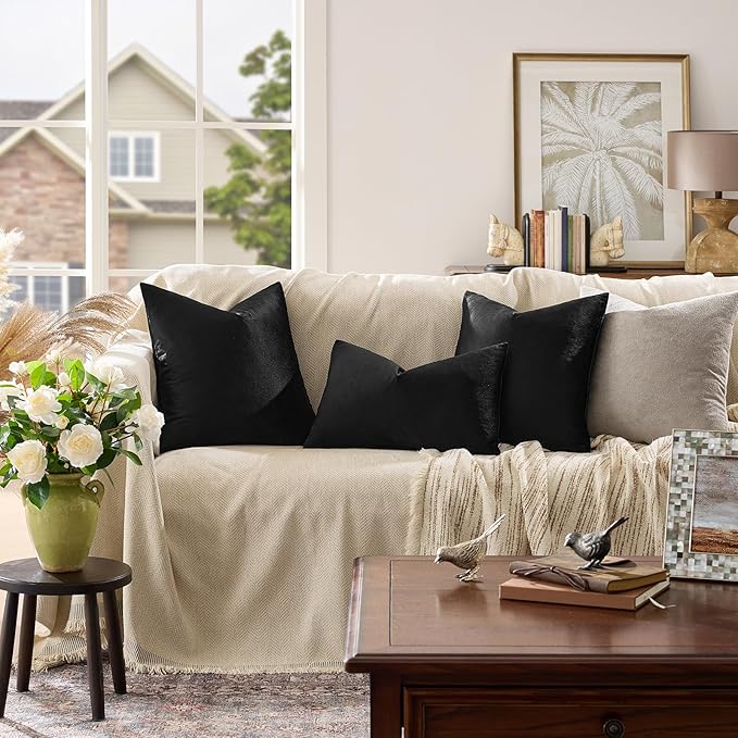 GIGIZAZA Black Velvet Pillow Covers 16x16,Decorative Square Throw Pillows Modern Covers Small Solid Living Room Pillow Cases for Couch Pack of 2