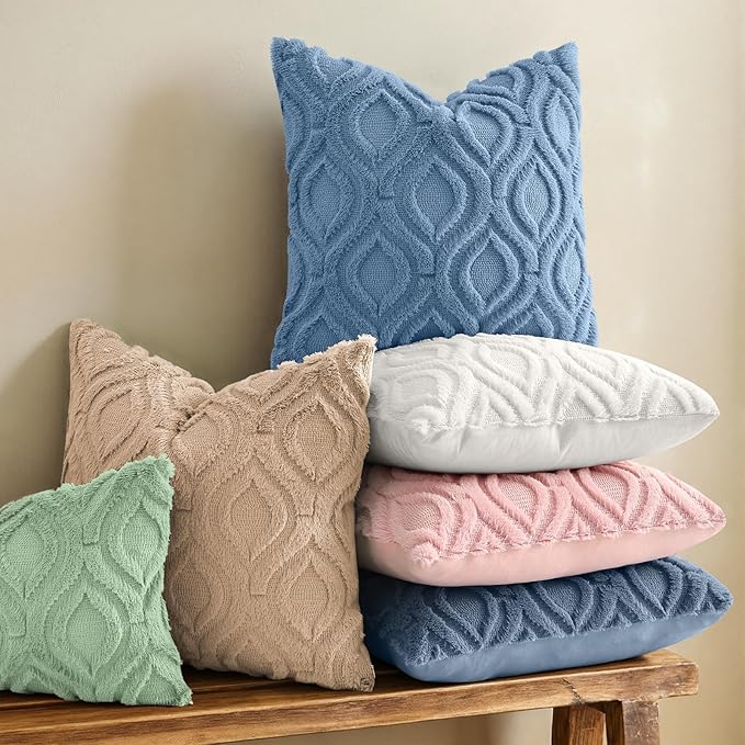 decorUhome Throw Pillow Covers 24x24 Inch Set of 2, Soft Plush Faux Wool Dusty Blue Solid Couch Pillow Covers, Accent Euro Sham Farmhouse Neutral Square Pillow Cases for Sofa Bed Living Room