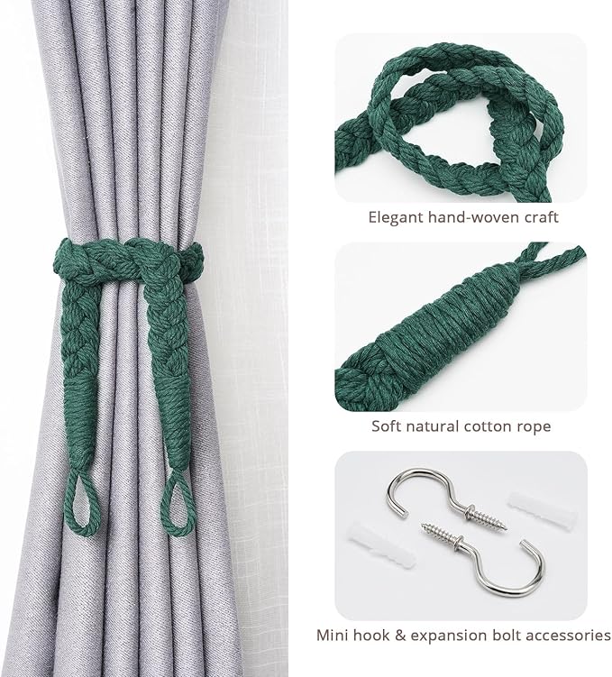 NICEEC 2 Pack Natural Cotton Rope Curtain Tiebacks Elegant Boho Style Decorative Drape Tie Backs Soft Hand-Woven Rope Curtain Holdbacks with Metal Hook for Home & Office Drapery (Dark Green)
