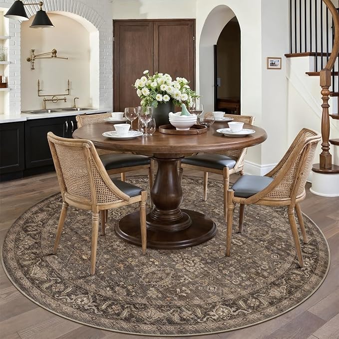 6x6 Washable Round Rug for Living Room Bedroom Vintage Brown Carpet Soft Low Pile Traditional Retro Non Slip Cirlce Rug for Dining Room Entryway Indoor Dorm Kitchen