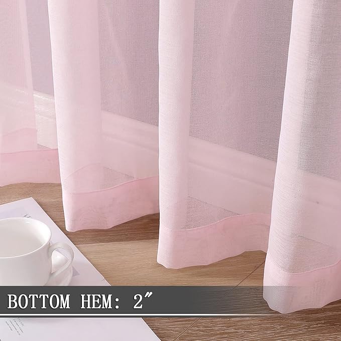 Tollpiz Short Sheer Curtains Linen Textured Bedroom Curtain Sheers Light Filtering Rod Pocket Voile Curtains for Living Room, 54 x 45 inches Long, Pink, Set of 2 Panels