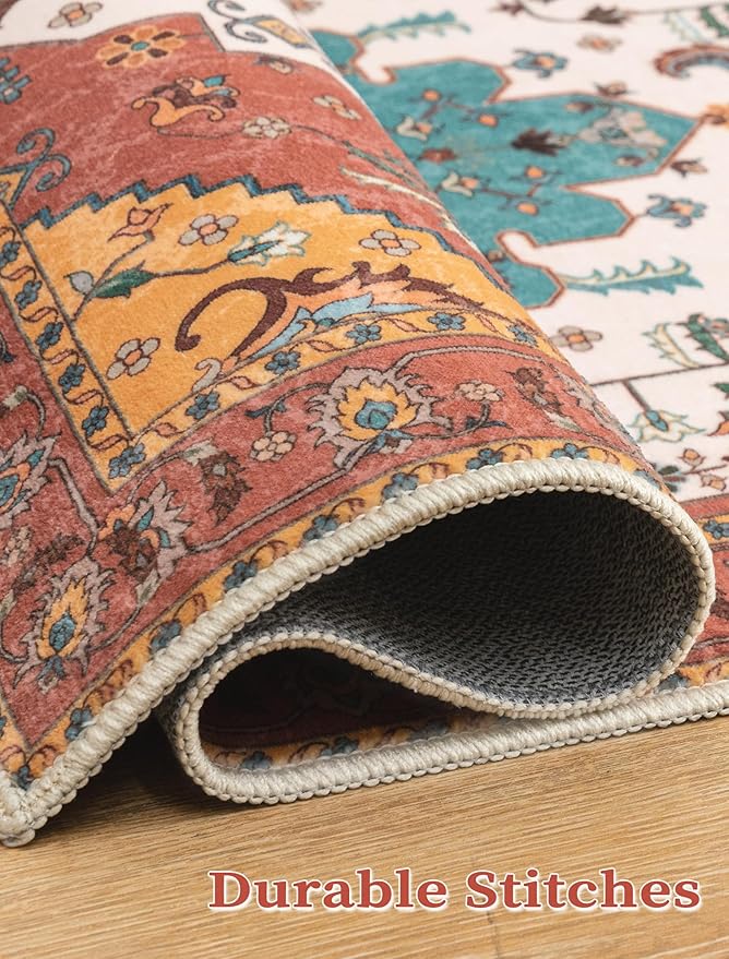 SERISSA Boho Washable Runner Rug, 2x5 Rug Non-Slip Vintage Orange Hallway Kitchen Runner Rug Ultra Soft Print Distressed Floor Carpet for Bedroom Bathroom Laundry Living Room