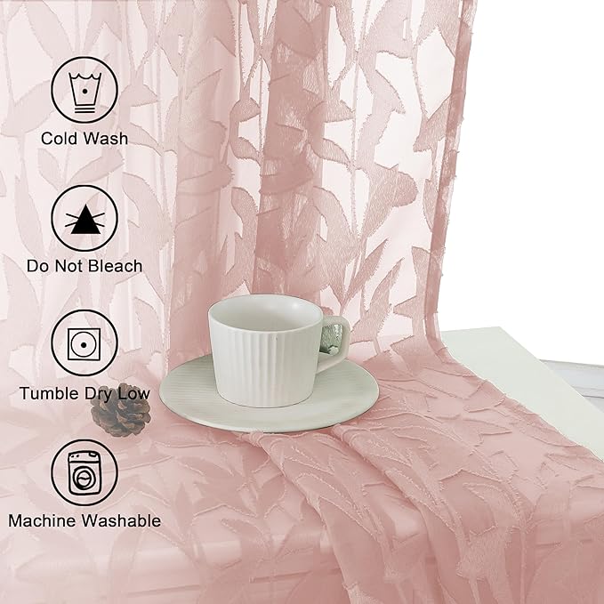 Lecloud Leia 24 Inch Valance Pink Sheer Curtains Tiers for Kitchen 2 Pieces, Clip Textured Leaf Voile Blush Curtain Valances for Windows, Dual Rod Pocket Living Room Bedroom Short Drapes, 38x24 Inches
