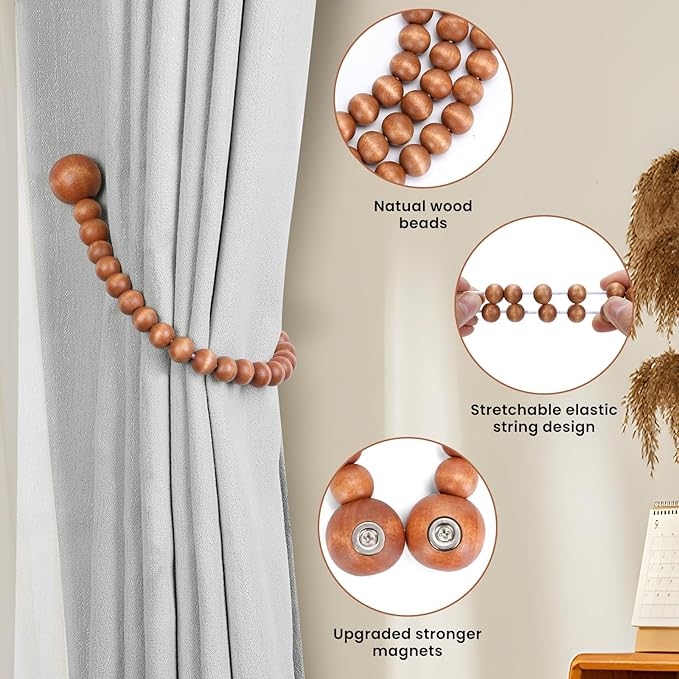 KLOGTSIND Magnetic Curtain Tiebacks, Curtain Tie Backs for Curtains 6 Pack, Wood Bead Curtain Tiebacks, Curtain Holders for Boho Bedroom Decor, Baby Nursery Decor, Farmhouse Decor