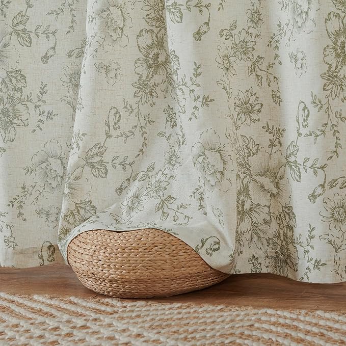 jinchan Linen Blend Floral Curtains for Living Room 90 Inches Extra Long Farmhouse Printed Curtain Back Tab Green Peony Flower Patterned Drapes Bedroom Window Curtains Set 2 Panels