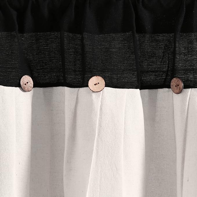 Lush Decor Linen Button Farmhouse Valance Curtians 52"W x 18"L Black & White - Linen Valances For Windows - Kitchen Curtains Valances