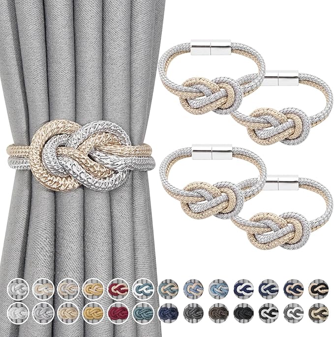 NICEEC 4 Pack Mini Magnetic Curtain Tiebacks Nordic Simple Style Drape Tie Backs Elegant Hand Weave Rope Knot Decorative Curtain Holdbacks for Home & Office Thin Window Drapery (Grey & Beige)