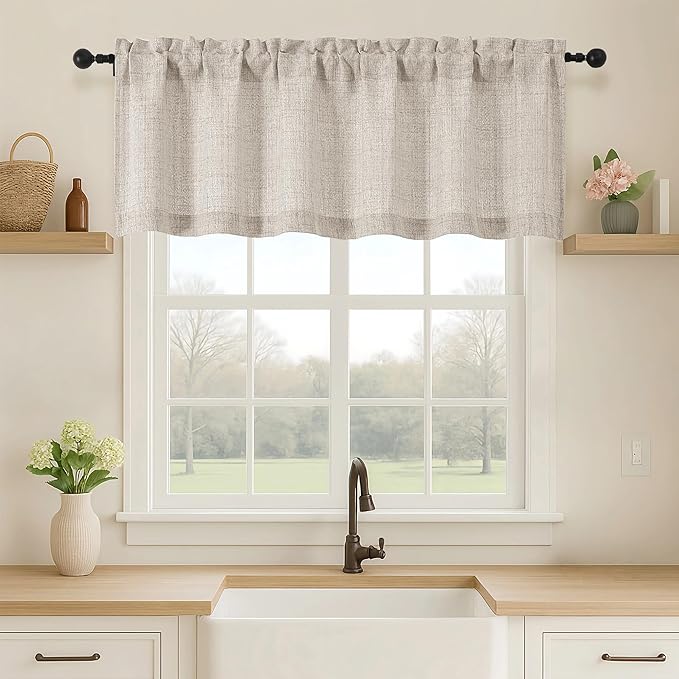 OVZME Valance for Windows, Light Filtering Faux Linen Textured Small Kitchen Valances for Windows, Dual Rod Pocket Farmhouse Short Curtain for Bathroom Basement, 60Wx18L inch, 1 Piece, Linen Color