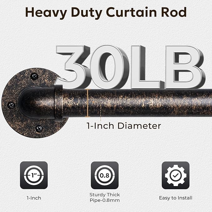 Zeerobee Curtain Rods for Windows 32 to 48, 1 Inch Industrial Wrap Around Vintage Bronze Curtain Rod, Indoor/Outdoor Room Divider Adjustable Drapery Pole, 32"-48"